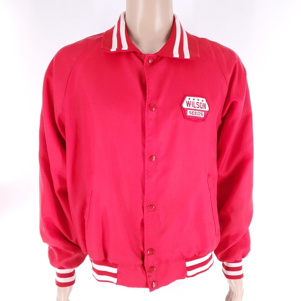 Vintage Upstream Wilson Seeds Men Jacket Red Button Nylon Size L - made in USA